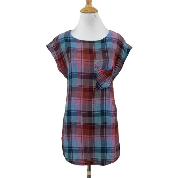 Akemi + Kin Tunic Womens XS Extra Small Multi Plaid Cap Sleeve Metallic Shirt - Picture 1 of 15